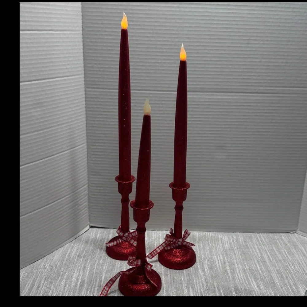 Candle Sticks red glitter flickering light battery operated 18”, 16” and 13” VTG